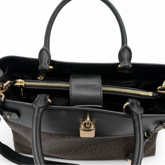 Michael Kors Brown Signature Monogram Gramercy Satchel Tote Bag with Lock Detail - Picture 9 of 14